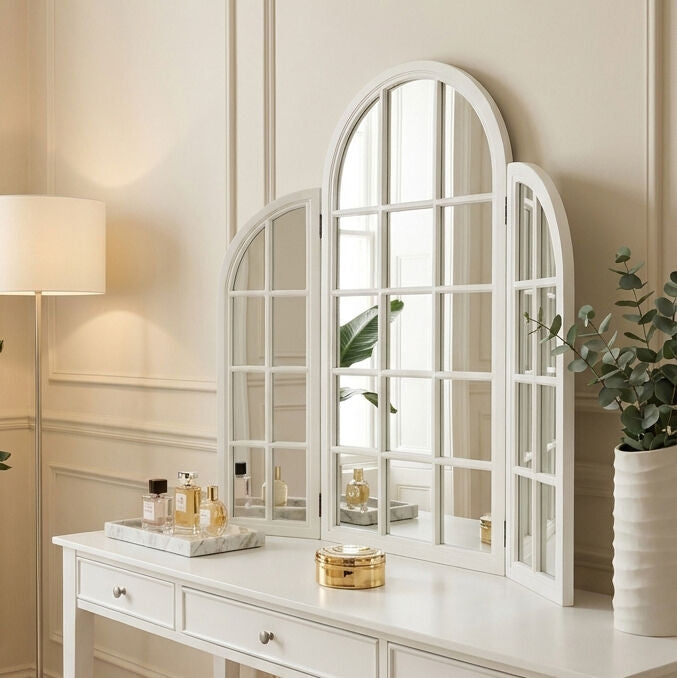 Orsina Fret White Dressing Table Mirror – Triple Arc Vanity Mirror
