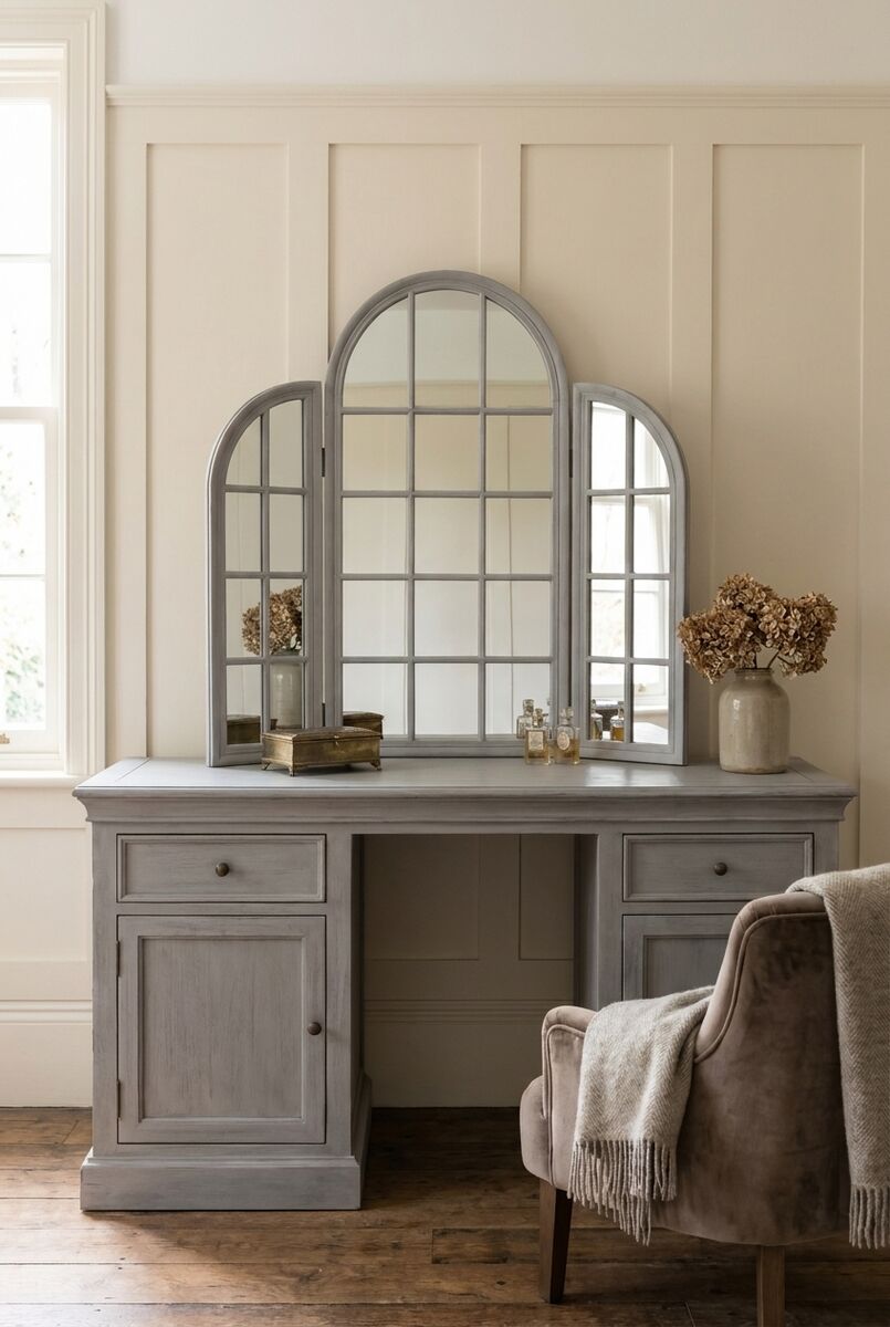 Orsina Fret Grey Dressing Table Mirror – Weathered Carved Wood Finish