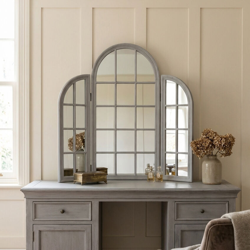 Orsina Fret Grey Dressing Table Mirror – Weathered Carved Wood Finish