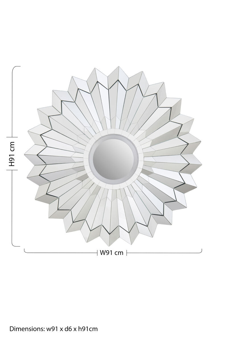 Orsina Raita Round Wall Mirror – Silver Art Deco Geometric Frame
