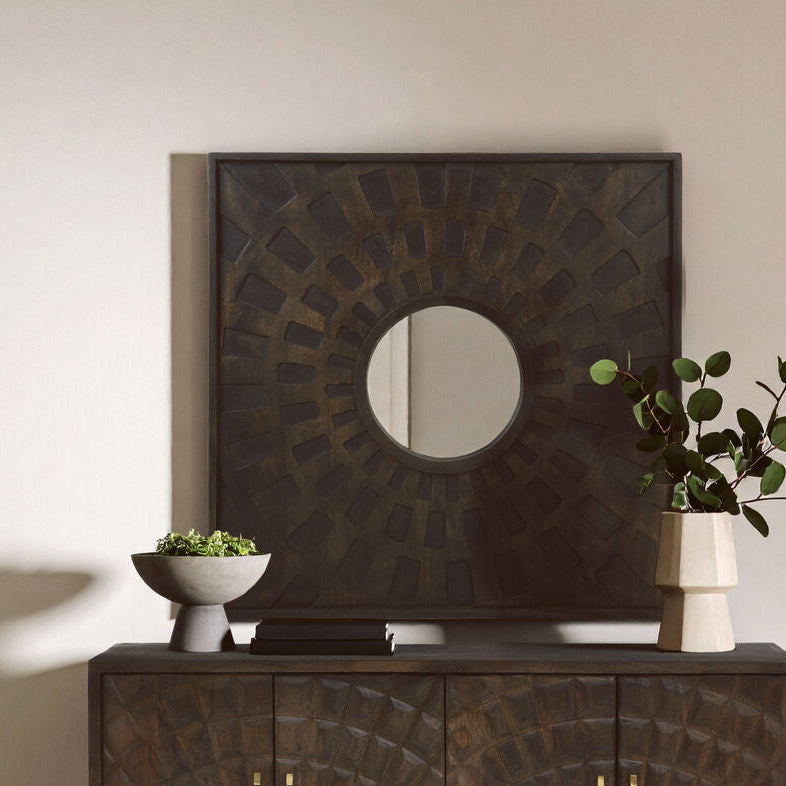 Orsina Suri Wall Mirror – Brown Carved Geometric Rectangular Mirror