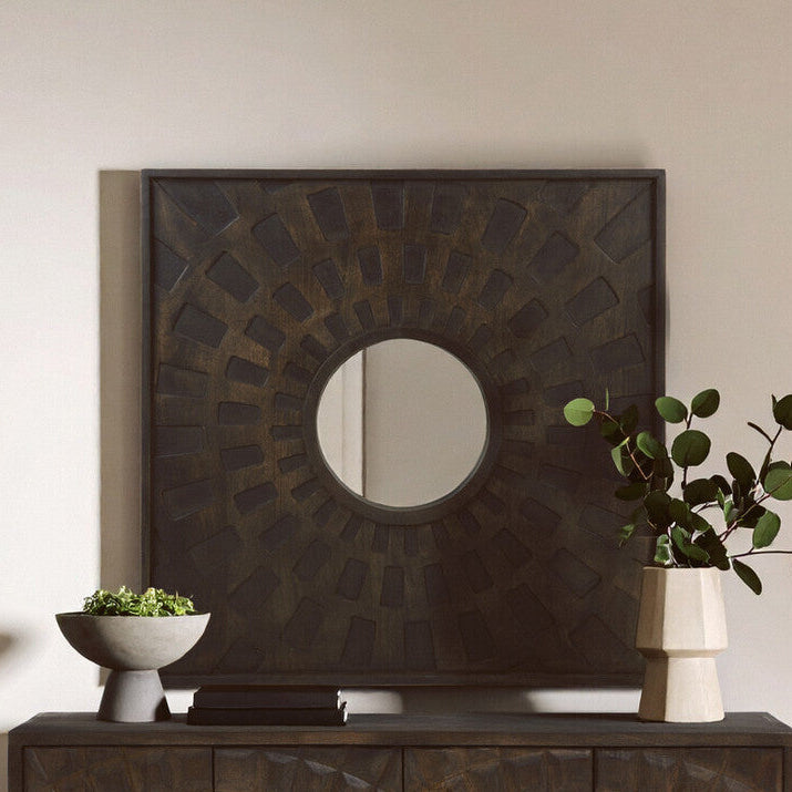Orsina Suri Wall Mirror – Brown Carved Geometric Rectangular Mirror