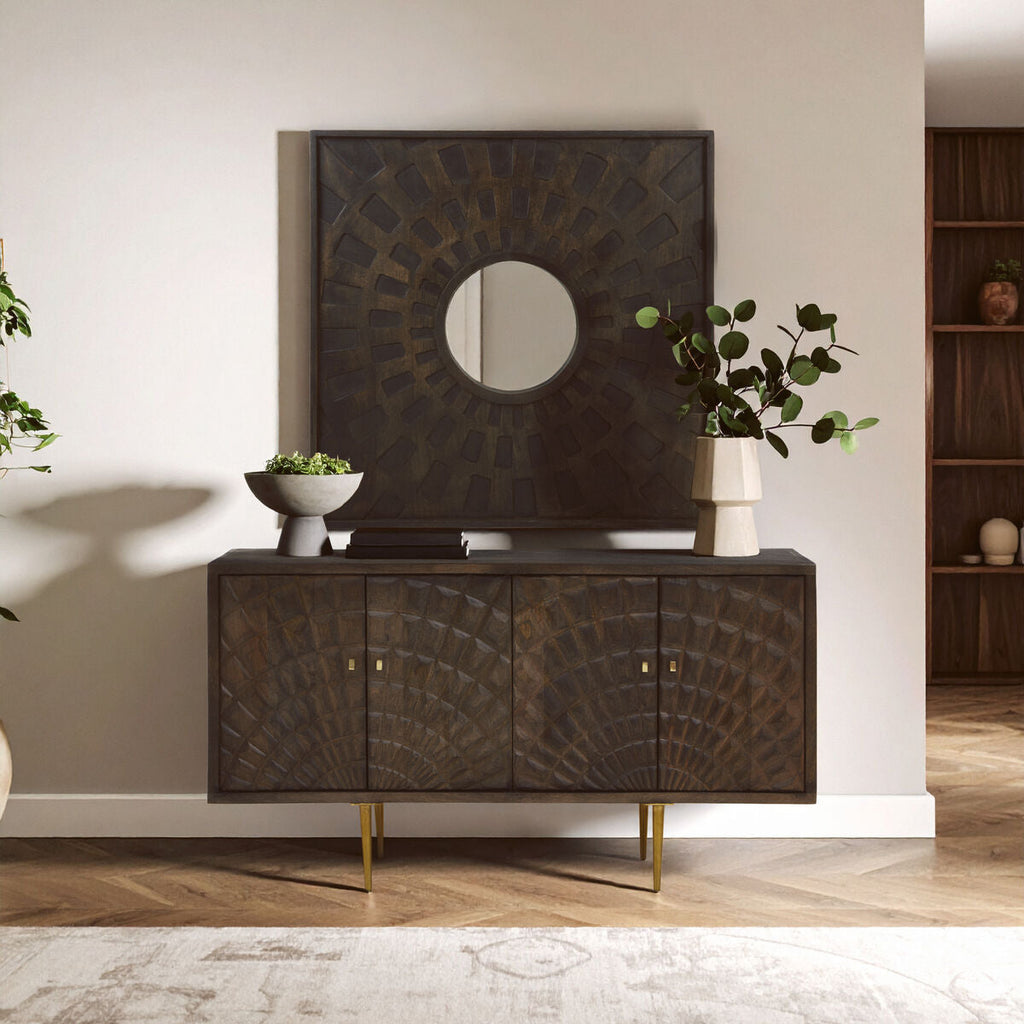 Orsina Suri Wall Mirror – Brown Carved Geometric Rectangular Mirror