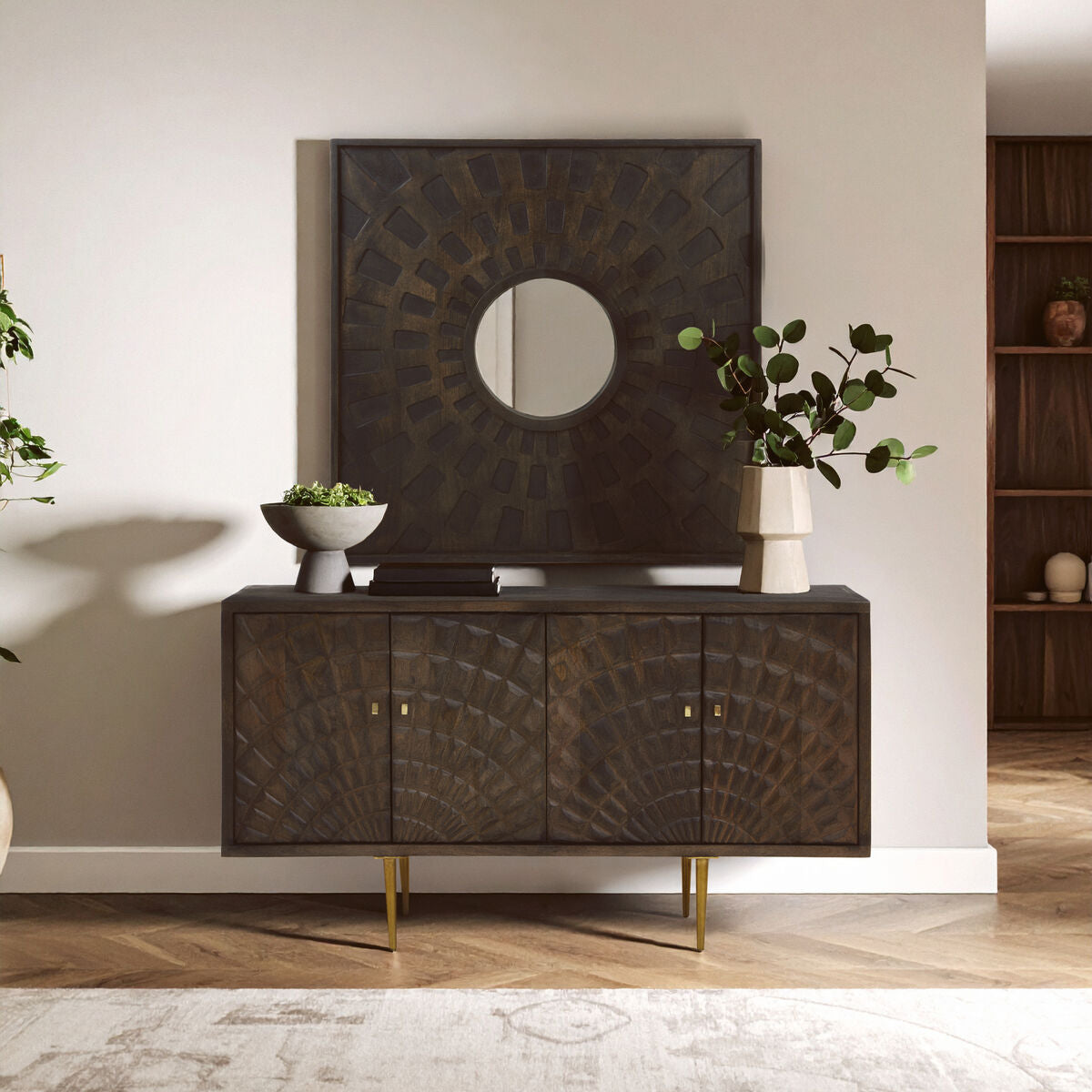 Orsina Suri Wall Mirror – Brown Carved Geometric Rectangular Mirror