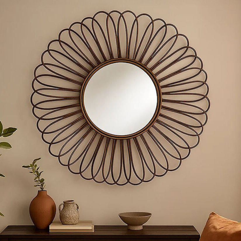 Orsina Batu Round Rattan Wall Mirror – Black Circular Petal Frame