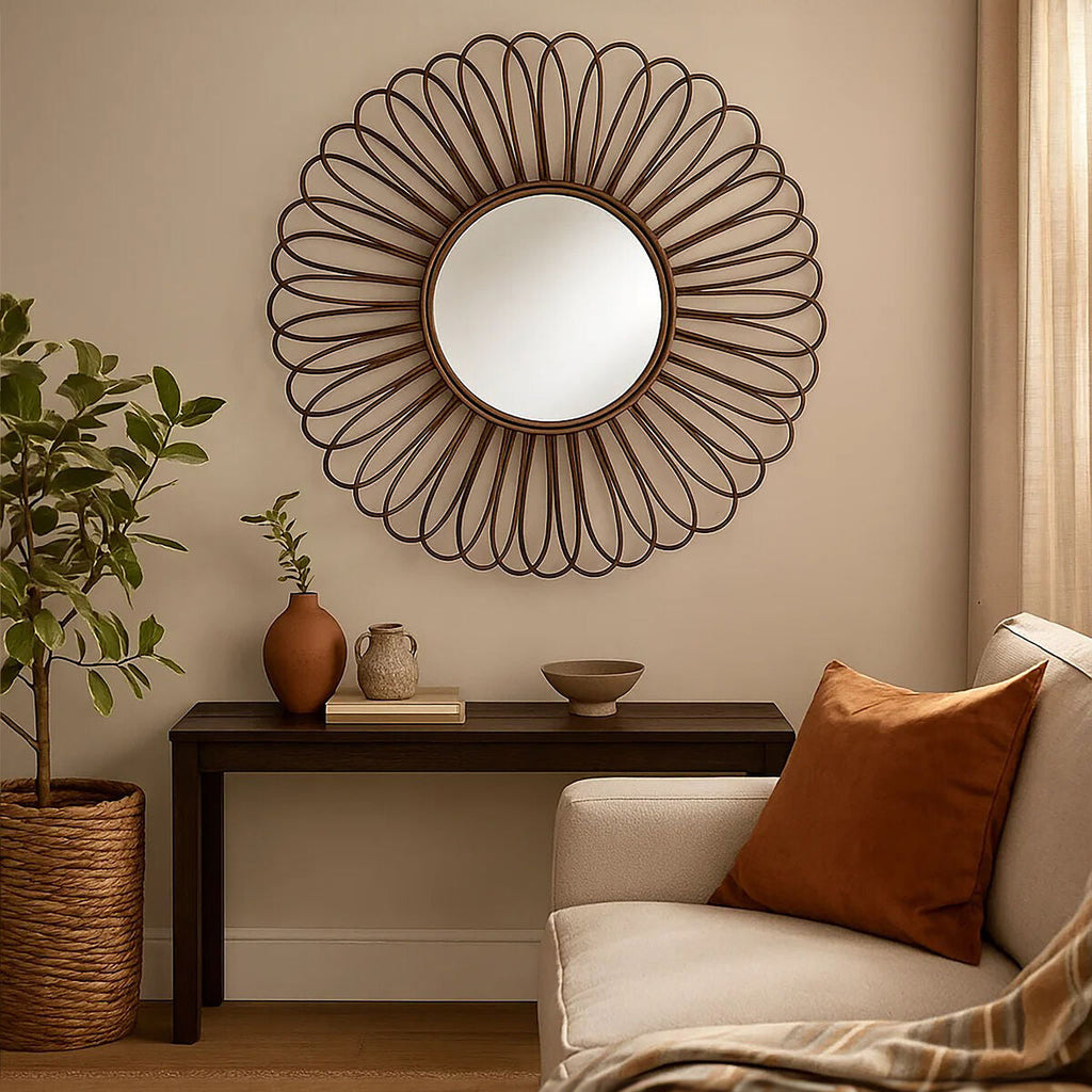 Orsina Batu Round Rattan Wall Mirror – Black Circular Petal Frame