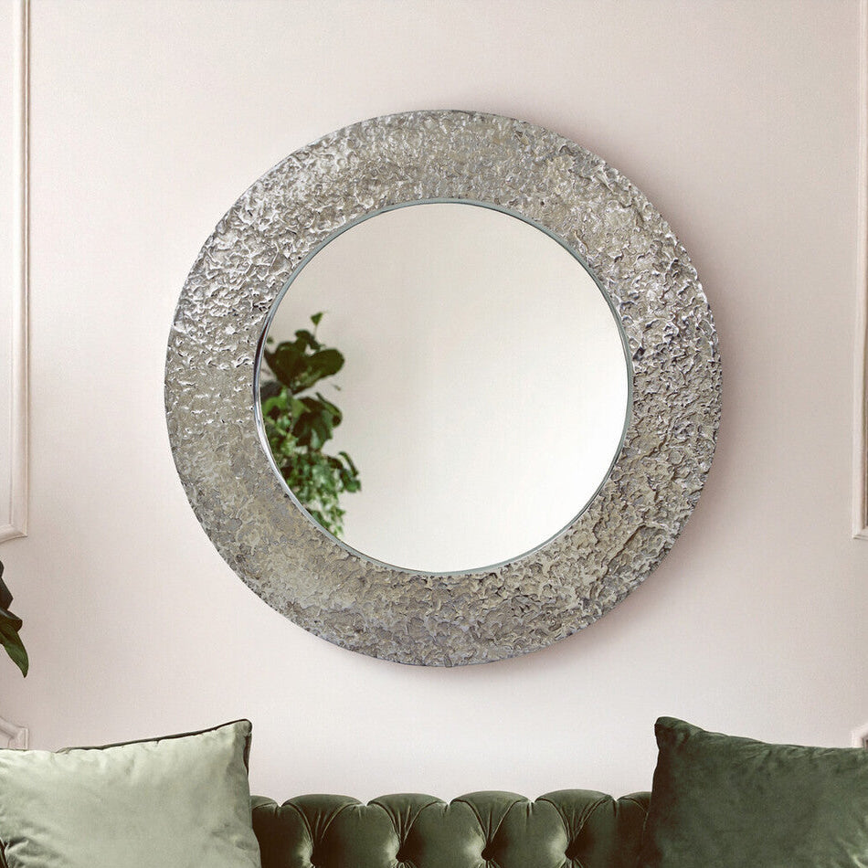 Orsina Akola Round Wall Mirror – Hammered Nickel Finish Modern Decor