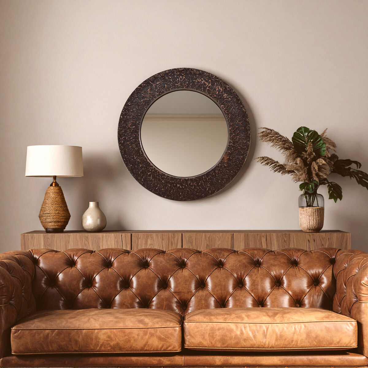 Orsina Akola Round Wall Mirror – Hammered Copper Finish Metal