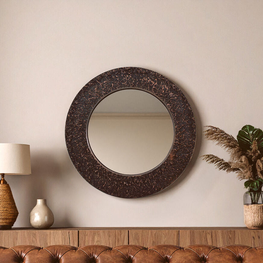 Orsina Akola Round Wall Mirror – Hammered Copper Finish Metal