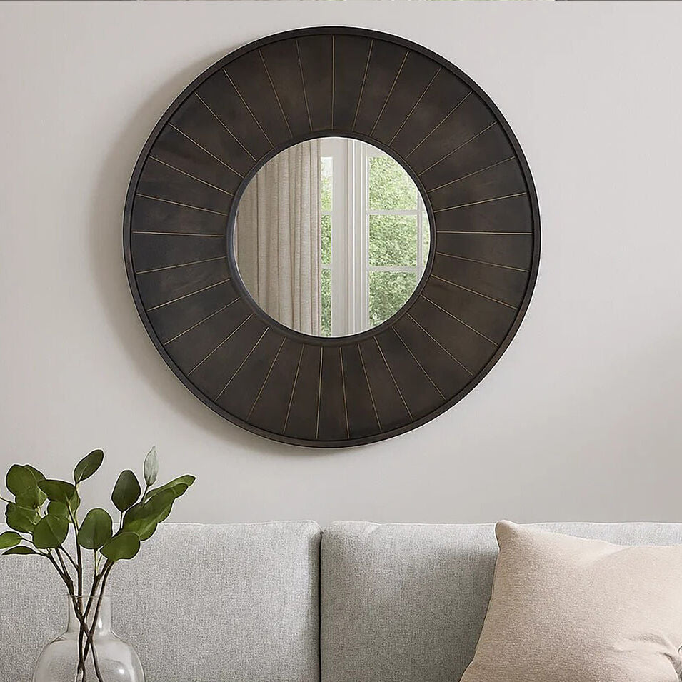 Orsina Sagor Round Wall Mirror – Grey Segmented Frame Accent Mirror
