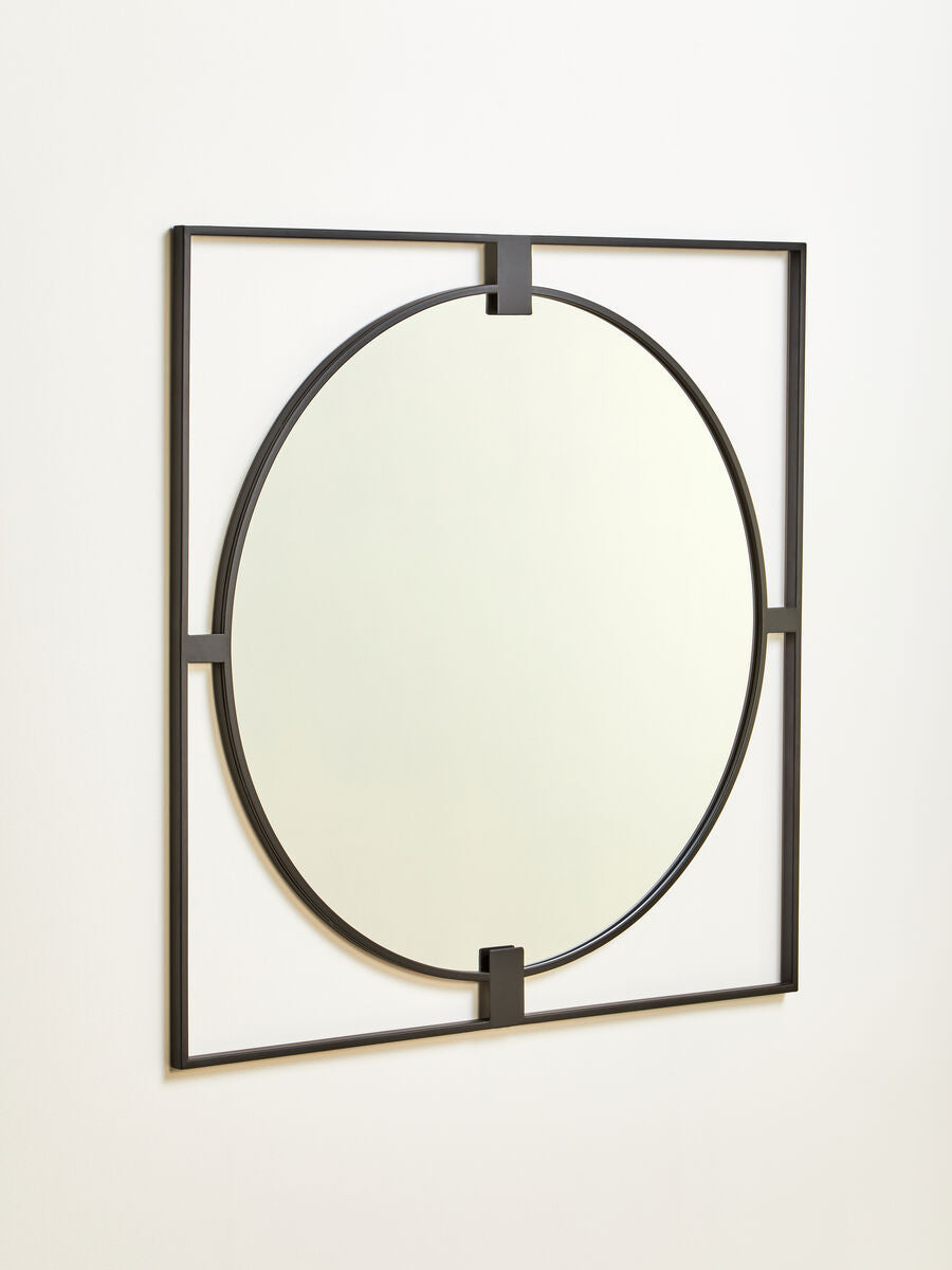 Orsina Trento Large Square Black Metal Wall Mirror with Round Insert