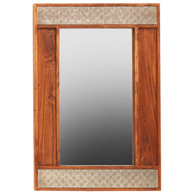 Orsina Boho Acacia Wood Wall Mirror | Floral Embossed Metal Detail