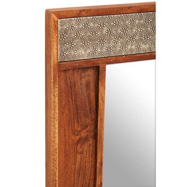 Orsina Boho Acacia Wood Wall Mirror | Floral Embossed Metal Detail