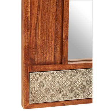 Orsina Boho Acacia Wood Wall Mirror | Floral Embossed Metal Detail