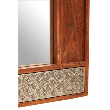 Orsina Boho Acacia Wood Wall Mirror | Floral Embossed Metal Detail