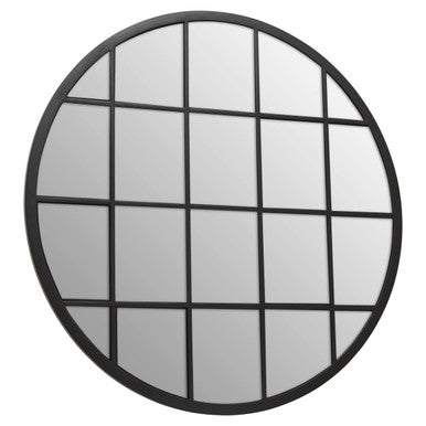 Orsina Descartes Round Black Metal Wall Mirror with Geometric Overlay