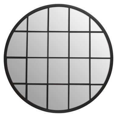Orsina Descartes Round Black Metal Wall Mirror with Geometric Overlay