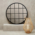 Orsina Descartes Round Black Metal Wall Mirror with Geometric Overlay