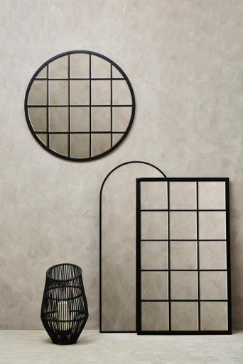 Orsina Descartes Round Black Metal Wall Mirror with Geometric Overlay