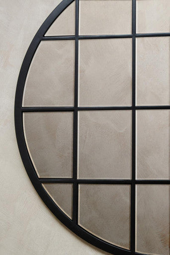 Orsina Descartes Round Black Metal Wall Mirror with Geometric Overlay