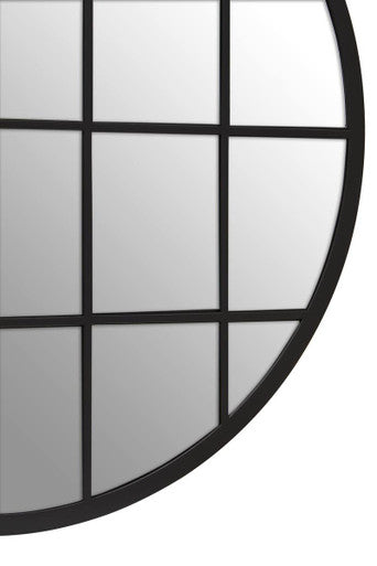 Orsina Descartes Round Black Metal Wall Mirror with Geometric Overlay