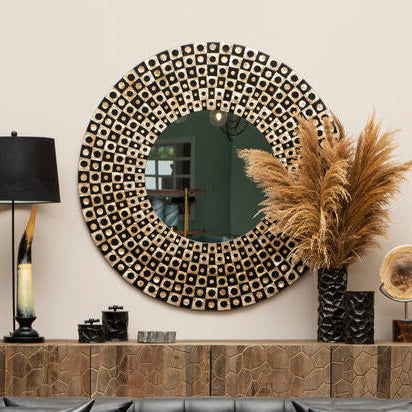 Orsina Palu Round Black Wall Mirror with Geometric Shell Inlay