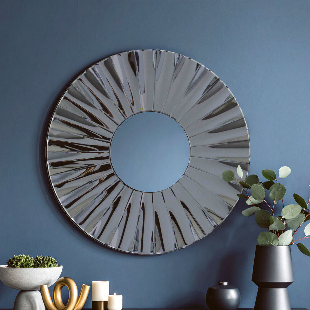 Orsina Jade Round Grey Wall Mirror – Floral Curved Decorative Frame