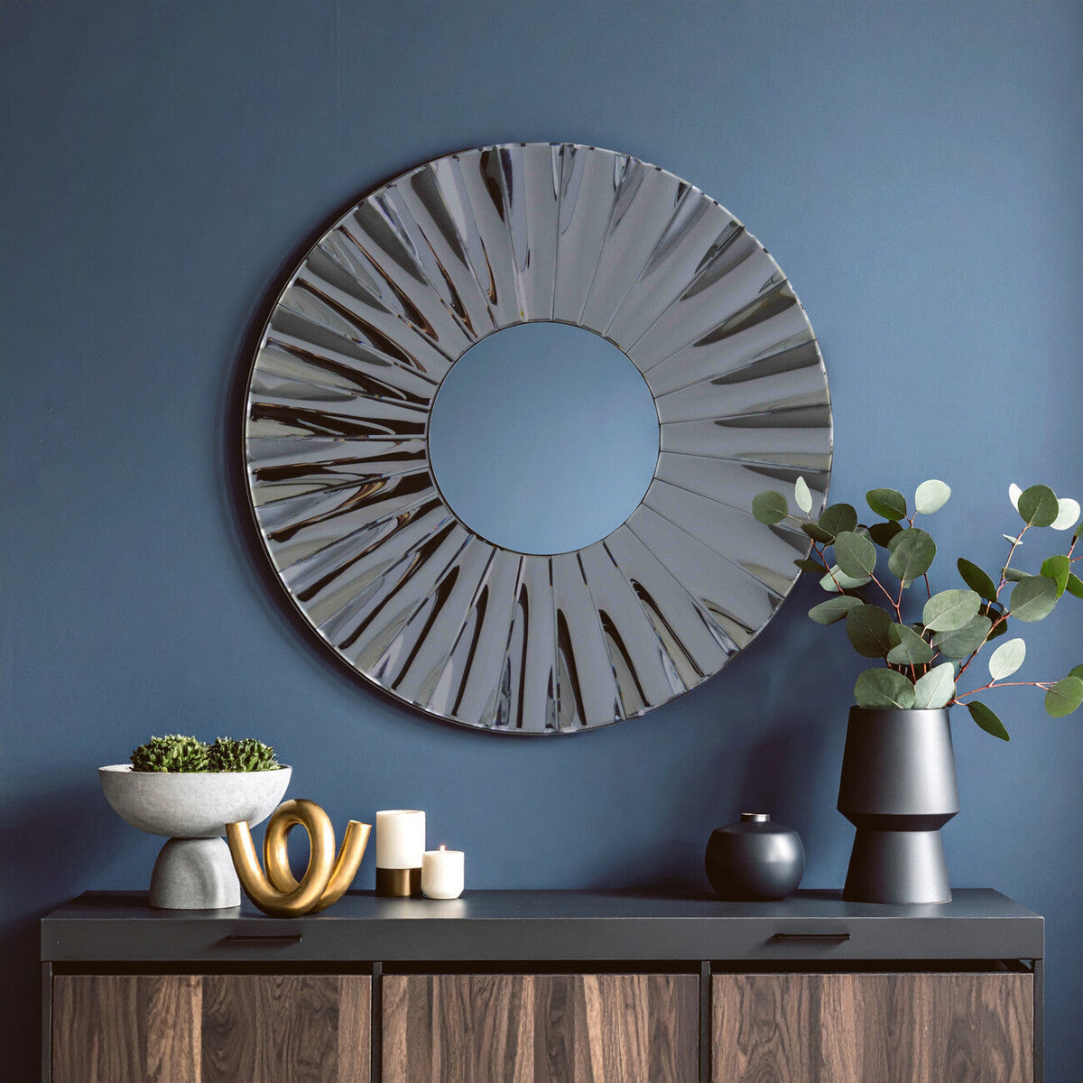 Orsina Jade Round Grey Wall Mirror – Floral Curved Decorative Frame