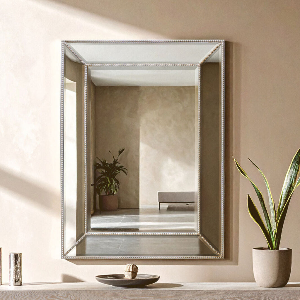 Orsina Lapari Silver Rectangular Wall Mirror with Beaded Border
