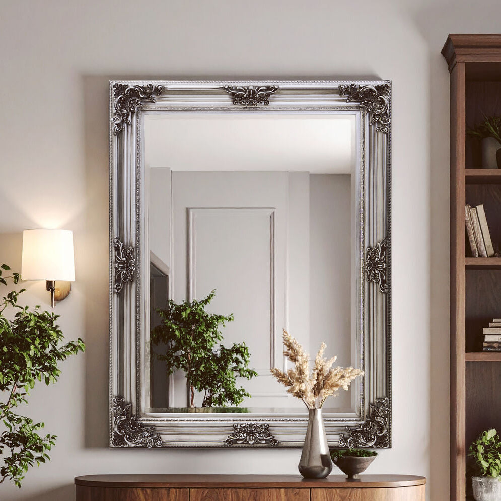 Orsina Lora Silver Wall Mirror – Rectangular Floral Wooden Frame