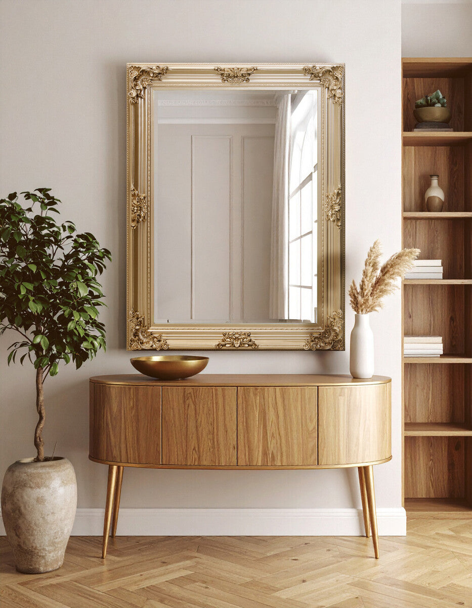 Orsina Lora Gold Wall Mirror – Rectangular Floral Wood Frame