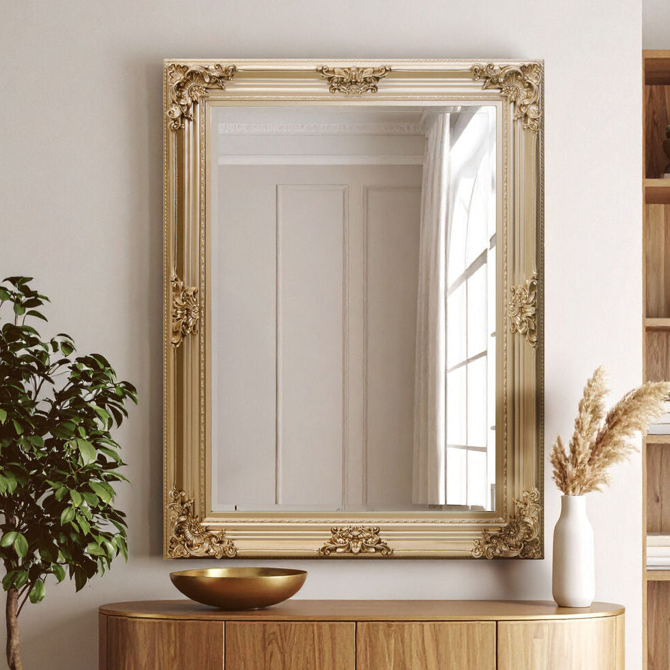 Orsina Lora Gold Wall Mirror – Rectangular Floral Wood Frame