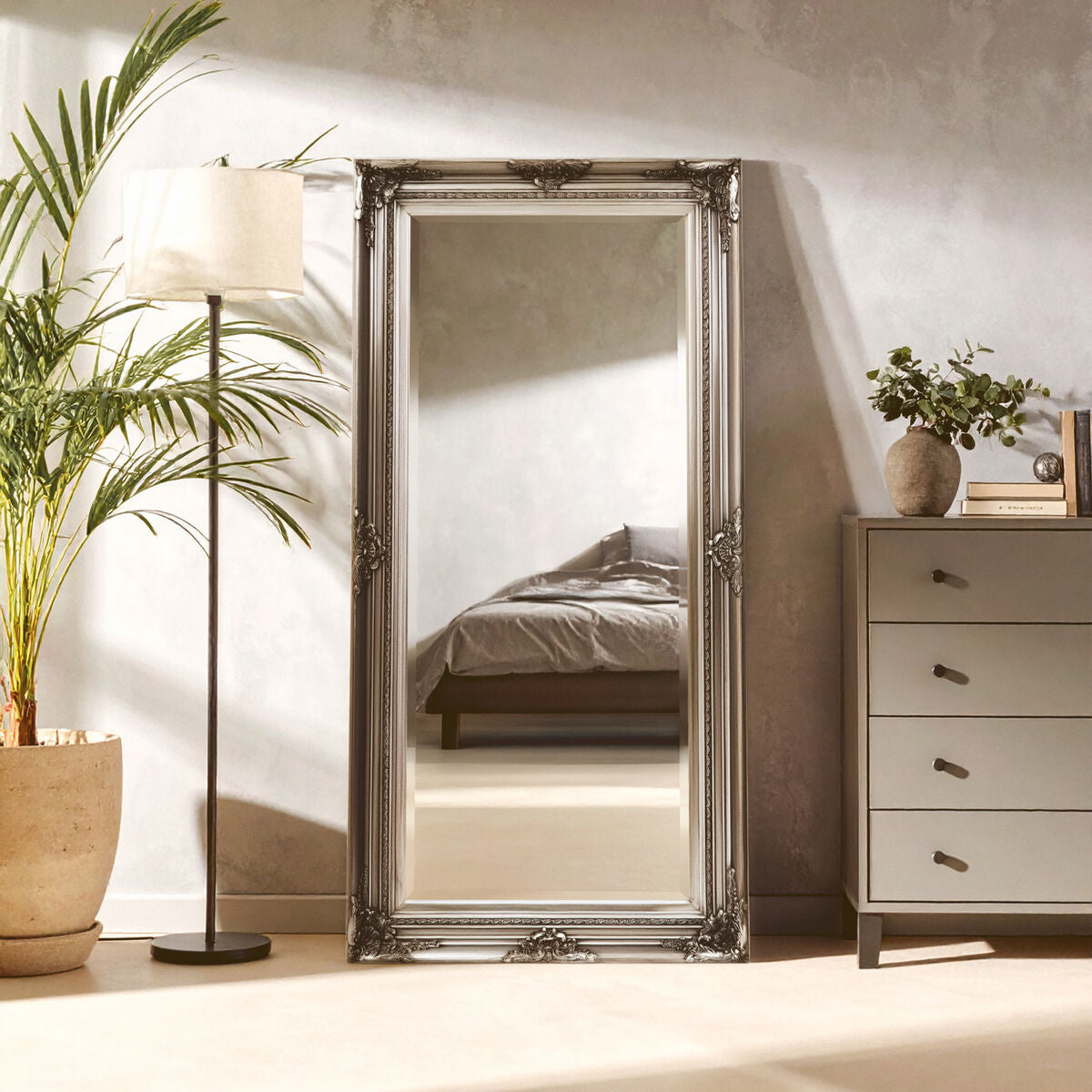 Orsina Lori Silver Wall Mirror – Ornate Floral Wooden Frame