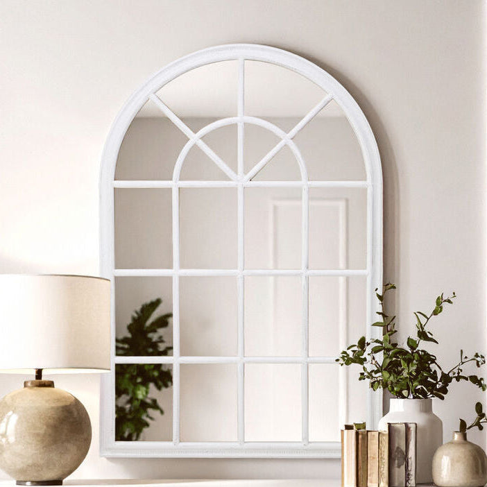 Orsina Lovida White Arched Windowpane Mirror – Matte Wooden Wall Decor