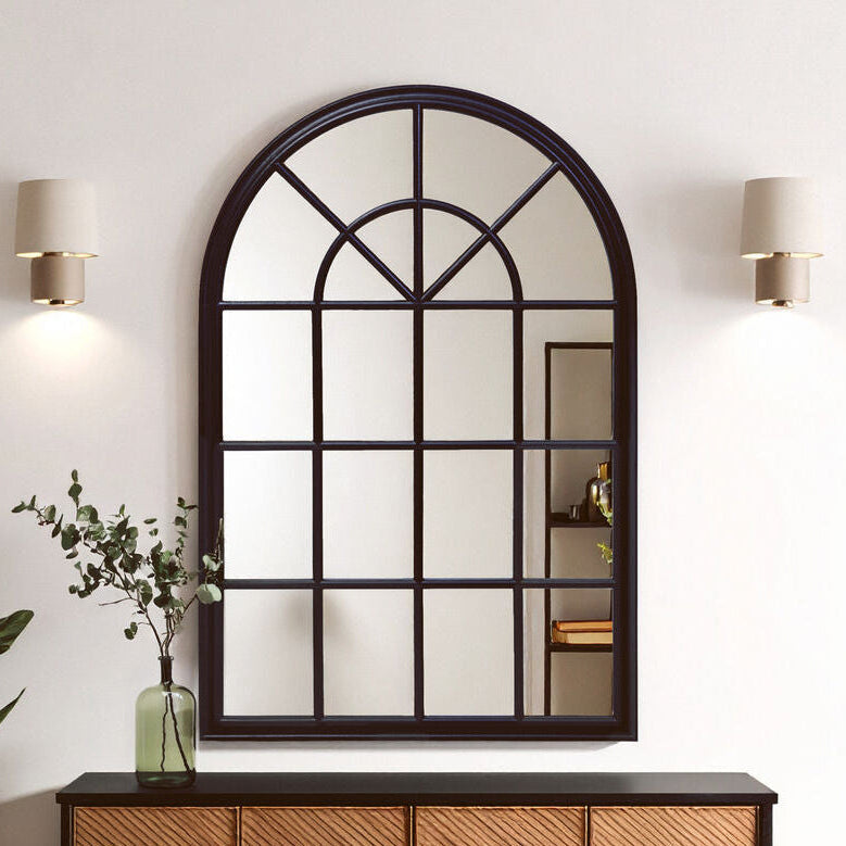 Orsina Lovida Black Arched Wooden Wall Mirror – Windowpane Design
