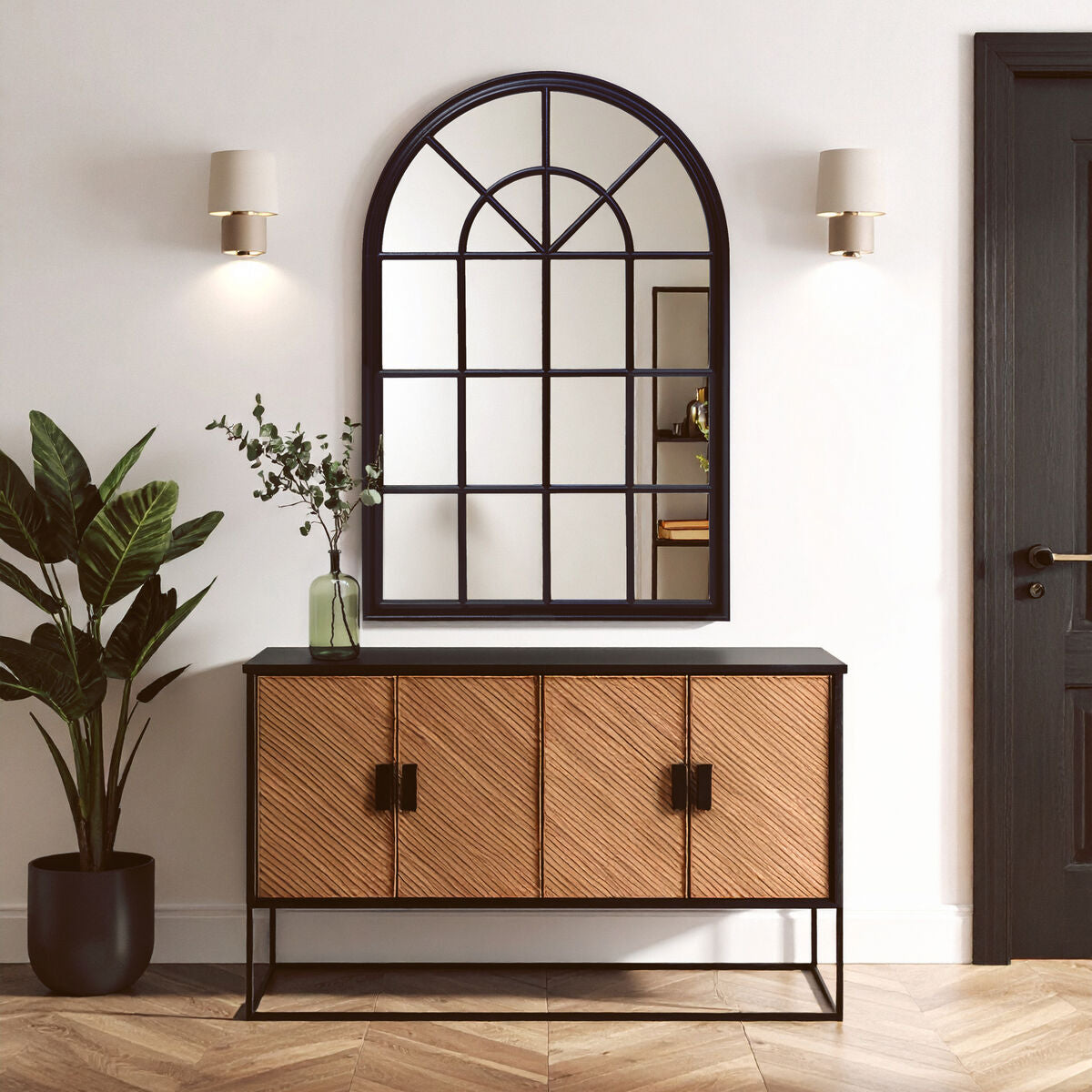 Orsina Lovida Black Arched Wooden Wall Mirror – Windowpane Design
