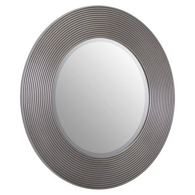 Orsina Dervio Grey Ribbed Round Wall Mirror | Black Wood-Effect Frame