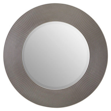 Orsina Dervio Grey Ribbed Round Wall Mirror | Black Wood-Effect Frame