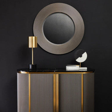 Orsina Dervio Grey Ribbed Round Wall Mirror | Black Wood-Effect Frame