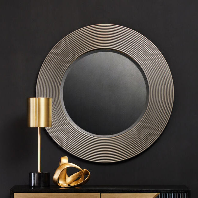 Orsina Dervio Grey Ribbed Round Wall Mirror | Black Wood-Effect Frame