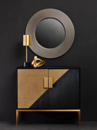 Orsina Dervio Grey Ribbed Round Wall Mirror | Black Wood-Effect Frame