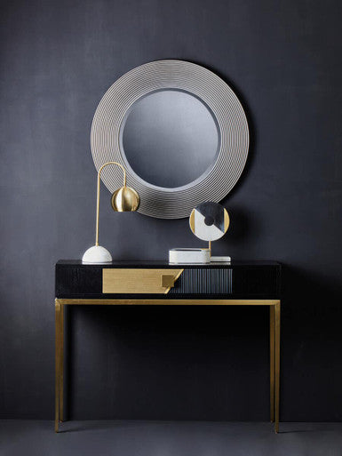 Orsina Dervio Grey Ribbed Round Wall Mirror | Black Wood-Effect Frame