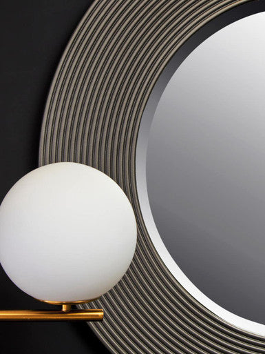 Orsina Dervio Grey Ribbed Round Wall Mirror | Black Wood-Effect Frame