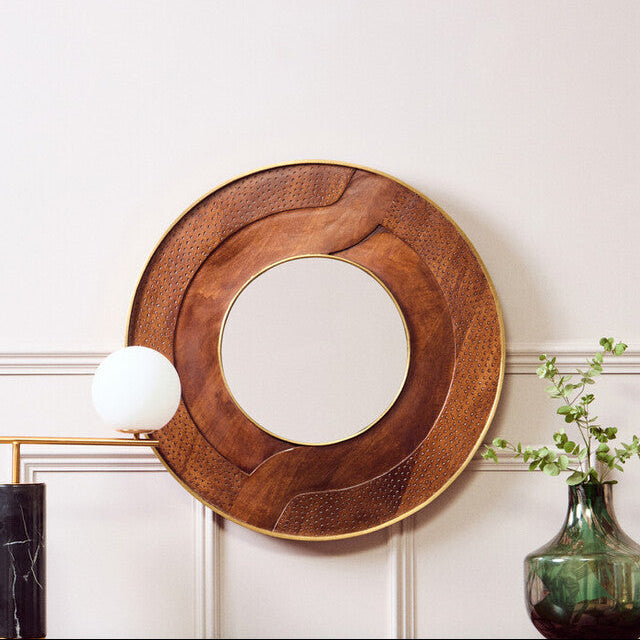 Orsina Siva Round Mango Wood Wall Mirror – Hammered Brown Frame