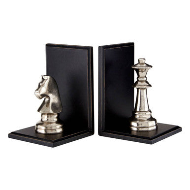 Orsina Silver Chess Piece Bookends – Set of 2 Black Wooden Base