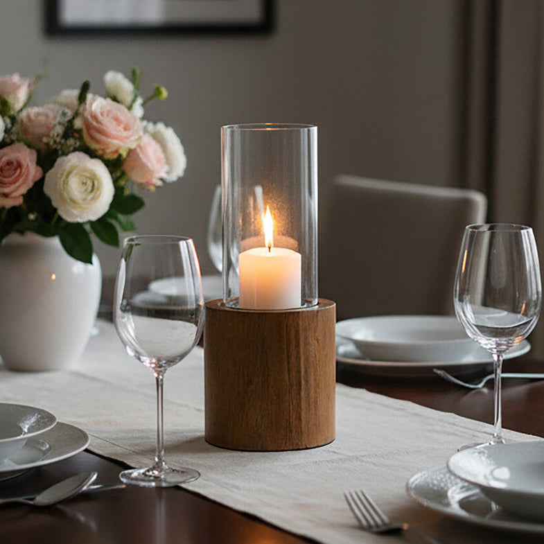Orsina Small Hurricane Candle Holder – Mango Wood and Clear Glass