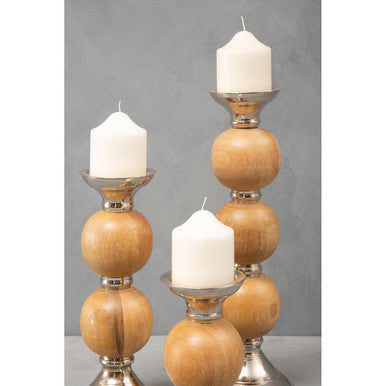 Orsina Hampstead Pillar Candle Holder – Mango Wood & Silver, Medium