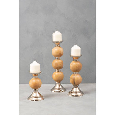 Orsina Hampstead Pillar Candle Holder – Mango Wood & Silver, Medium