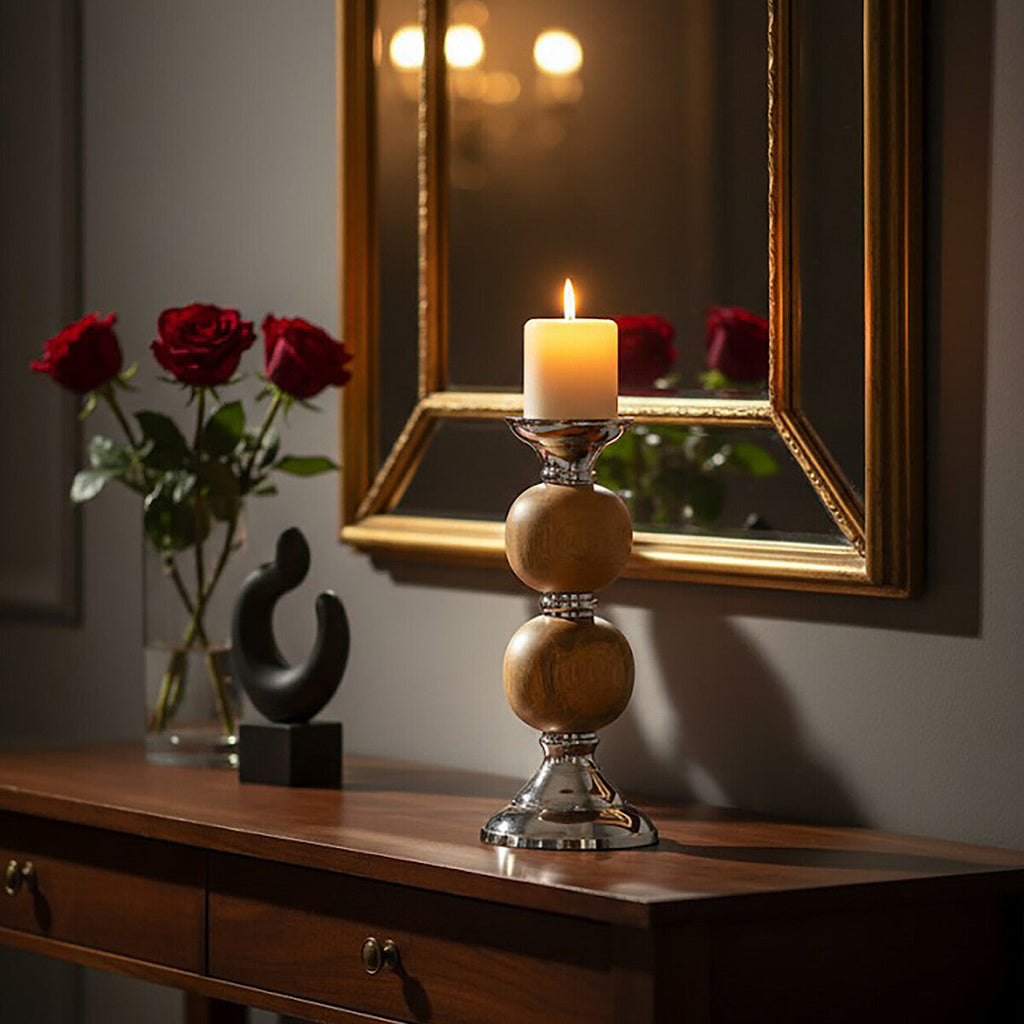 Orsina Hampstead Pillar Candle Holder – Mango Wood & Silver, Medium