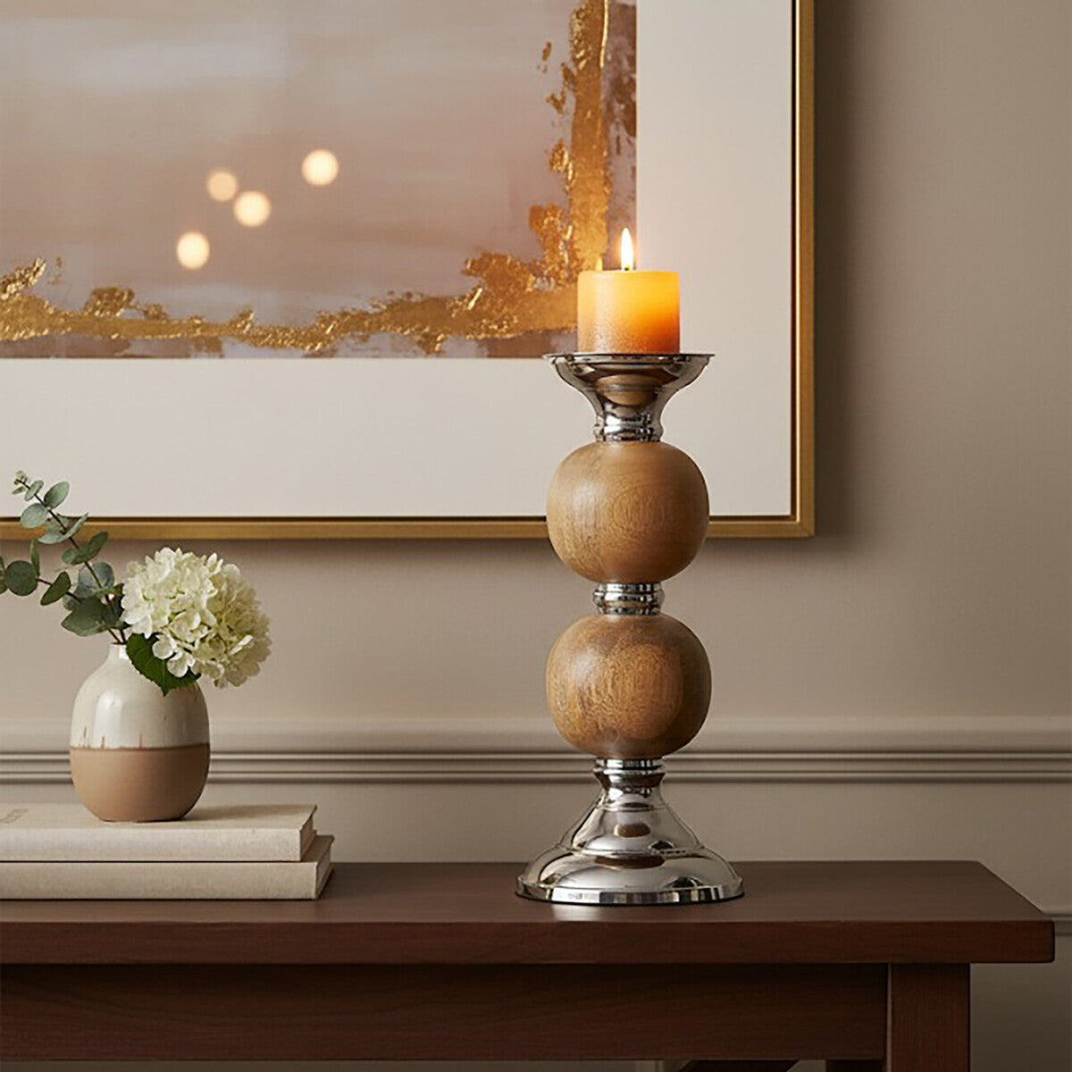 Orsina Hampstead Pillar Candle Holder – Mango Wood & Silver, Medium